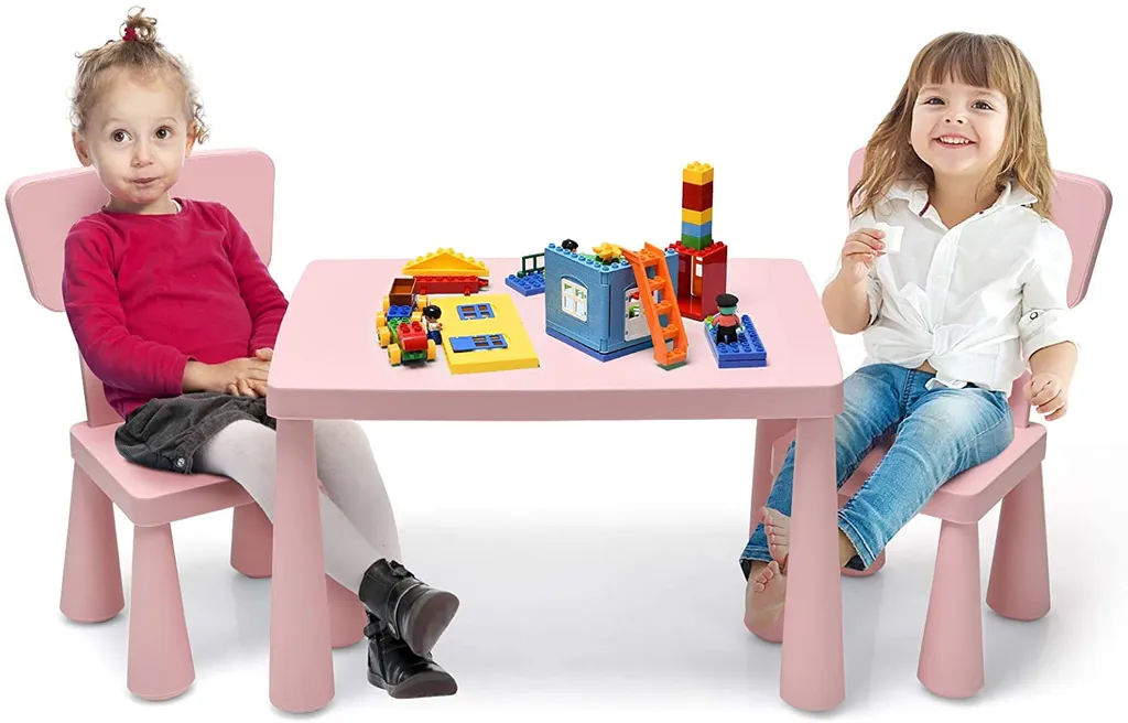 GOPLUS Kindersitzgruppe aus Kunststoff, Kindertisch mit 2 Stühlen, Stuhl mit Rückenlehne, mit Runden Kanten, Einfarbiges Design, für Junge und Mädchen, für Kinderzimmer (Rosa)